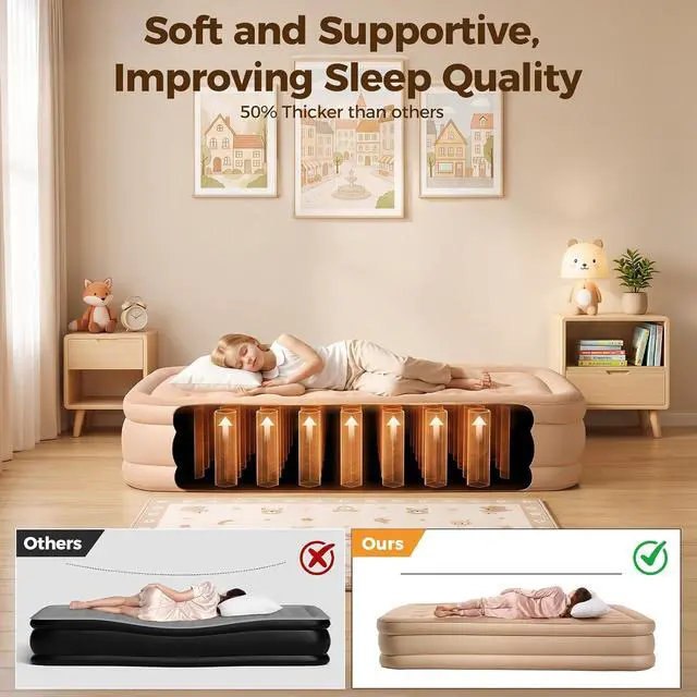Alt view image 5 of 6 - 16'' Twin Air Mattress with Built-in Pump & 4800mAh Rechargeable Battery, Portable Inflatable Bed, Quick Inflate & Deflate, Puncture-Resistant Airbed for Camping, Travel & Overnight Guests
