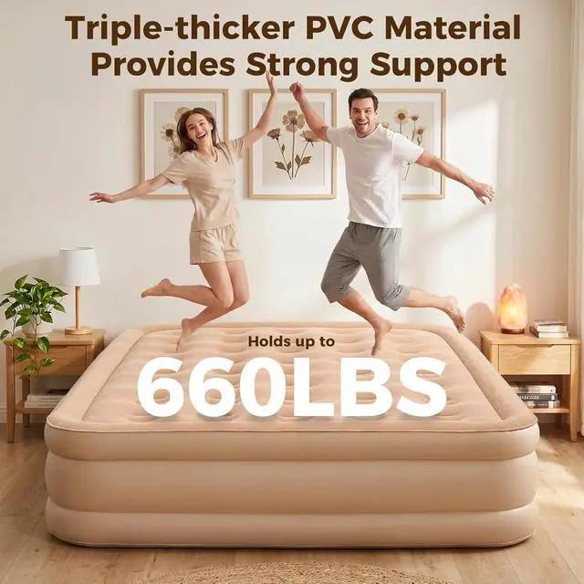 Alt view image 3 of 6 - 16'' Queen Air Mattress, Inflatable Bed with Built-in Pump & 4800mAh Rechargeable Battery, Quick Inflation and Deflation, Puncture-Resistant Airbed for Camping, Travel & Overnight Guests