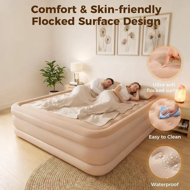 Alt view image 4 of 6 - 16'' Queen Air Mattress, Inflatable Bed with Built-in Pump & 4800mAh Rechargeable Battery, Quick Inflation and Deflation, Puncture-Resistant Airbed for Camping, Travel & Overnight Guests