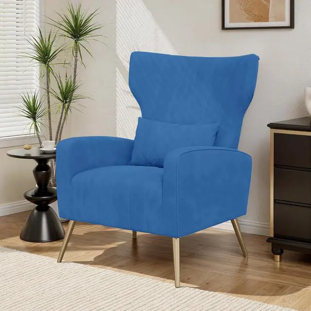 Main image of Velvet Accent Chair Wingback for Living Room, High Back Arm Chair with Golden Legs Lumbar Pillow, Upholstered Single Sofa Bedroom Blue