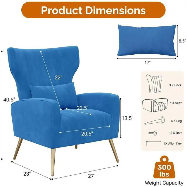 Alt view image 2 of 7 - Velvet Accent Chair Wingback for Living Room, High Back Arm Chair with Golden Legs Lumbar Pillow, Upholstered Single Sofa Bedroom Blue