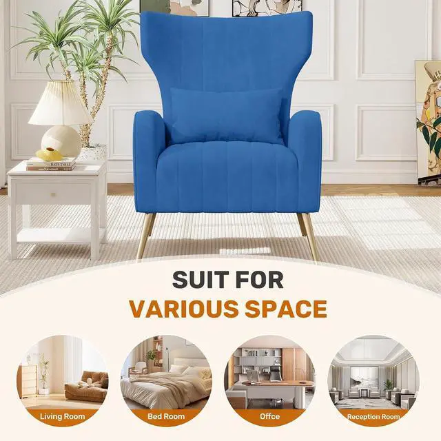 Alt view image 4 of 7 - Velvet Accent Chair Wingback for Living Room, High Back Arm Chair with Golden Legs Lumbar Pillow, Upholstered Single Sofa Bedroom Blue