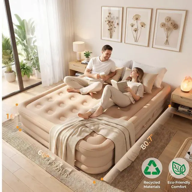 Alt view image 6 of 6 - 16'' Queen Air Mattress, Inflatable Bed with Built-in Pump & 4800mAh Rechargeable Battery, Quick Inflation and Deflation, Puncture-Resistant Airbed for Camping, Travel & Overnight Guests