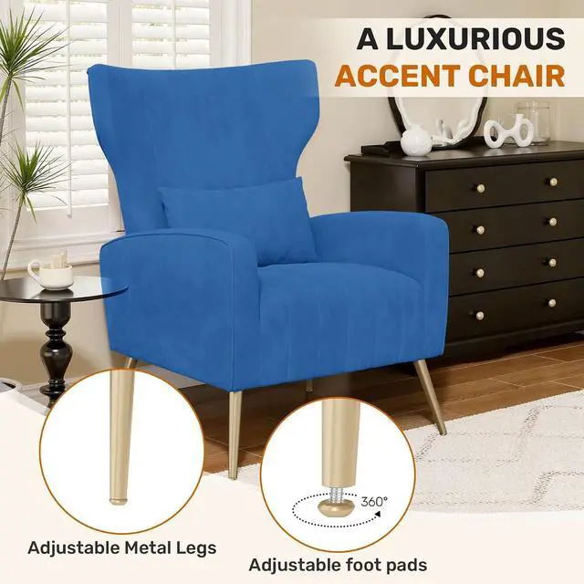 Alt view image 6 of 7 - Velvet Accent Chair Wingback for Living Room, High Back Arm Chair with Golden Legs Lumbar Pillow, Upholstered Single Sofa Bedroom Blue