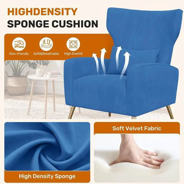 Alt view image 5 of 7 - Velvet Accent Chair Wingback for Living Room, High Back Arm Chair with Golden Legs Lumbar Pillow, Upholstered Single Sofa Bedroom Blue