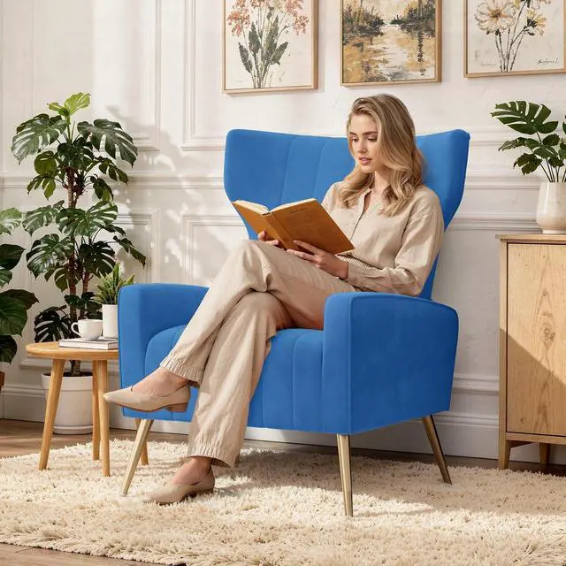 Alt view image 7 of 7 - Velvet Accent Chair Wingback for Living Room, High Back Arm Chair with Golden Legs Lumbar Pillow, Upholstered Single Sofa Bedroom Blue