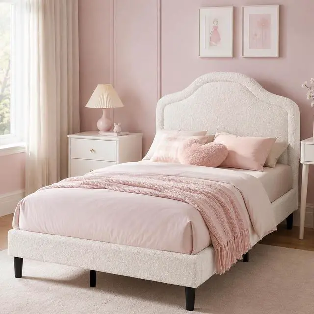 Main image of Queen Size Bed Frame, Teddy Fleece Upholstered Bed Frame with Adjustable Headboard & Built-in LED Light, Noise-Reduced Design, Durable Wood Slat Support, No Box Spring Needed