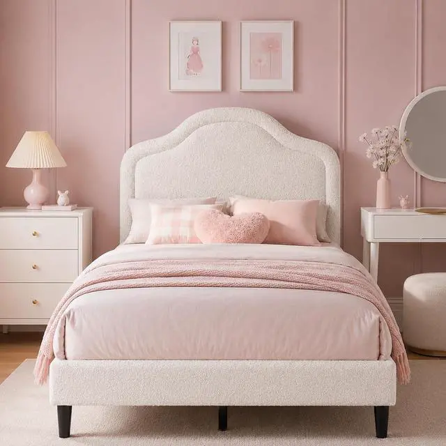 Alt view image 3 of 5 - Queen Size Bed Frame, Teddy Fleece Upholstered Bed Frame with Adjustable Headboard & Built-in LED Light, Noise-Reduced Design, Durable Wood Slat Support, No Box Spring Needed