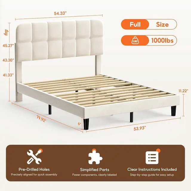 Alt view image 2 of 7 - Patbrela Upholstered Bed Frame Full Size with Adjustable Headboard, Velvet Platform Bed Frame with Wooden Slats Support/No Box Spring Needed, Beige