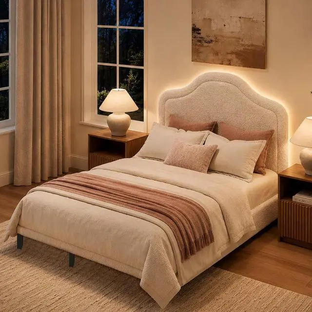 Alt view image 5 of 5 - Queen Size Bed Frame, Teddy Fleece Upholstered Bed Frame with Adjustable Headboard & Built-in LED Light, Noise-Reduced Design, Durable Wood Slat Support, No Box Spring Needed