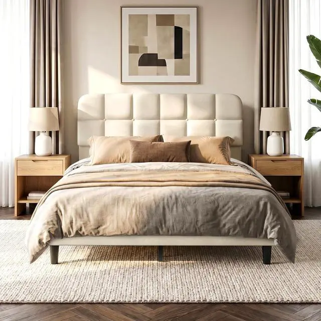 Main image of Patbrela Upholstered Bed Frame Full Size with Adjustable Headboard, Velvet Platform Bed Frame with Wooden Slats Support/No Box Spring Needed, Beige