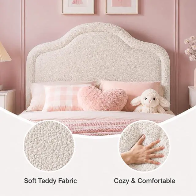Alt view image 4 of 5 - Queen Size Bed Frame, Teddy Fleece Upholstered Bed Frame with Adjustable Headboard & Built-in LED Light, Noise-Reduced Design, Durable Wood Slat Support, No Box Spring Needed