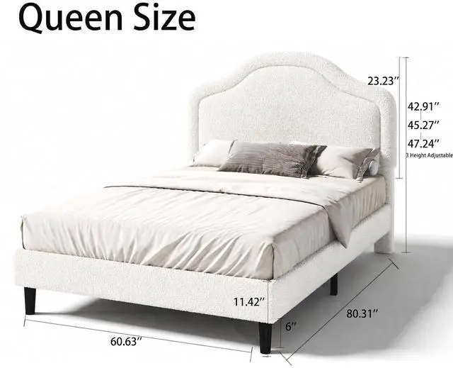 Alt view image 2 of 5 - Queen Size Bed Frame, Teddy Fleece Upholstered Bed Frame with Adjustable Headboard & Built-in LED Light, Noise-Reduced Design, Durable Wood Slat Support, No Box Spring Needed