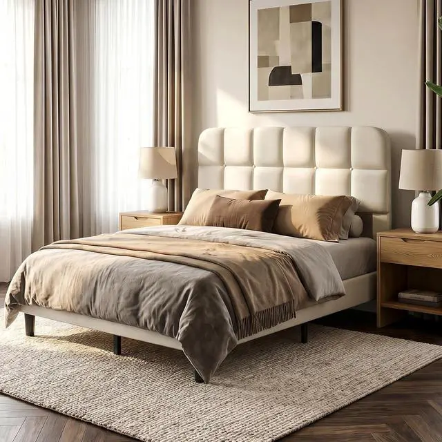 Alt view image 3 of 7 - Patbrela Upholstered Bed Frame Full Size with Adjustable Headboard, Velvet Platform Bed Frame with Wooden Slats Support/No Box Spring Needed, Beige