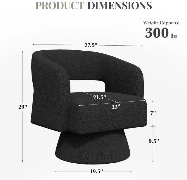 Alt view image 2 of 6 - Swivel Barrel Accent Chair,Oversized Teddy Upholstered Round Swivel Chair,Modern Luxury 360 Degree Living Room Vanity Chair for Bedroom Office,Black,2PCS