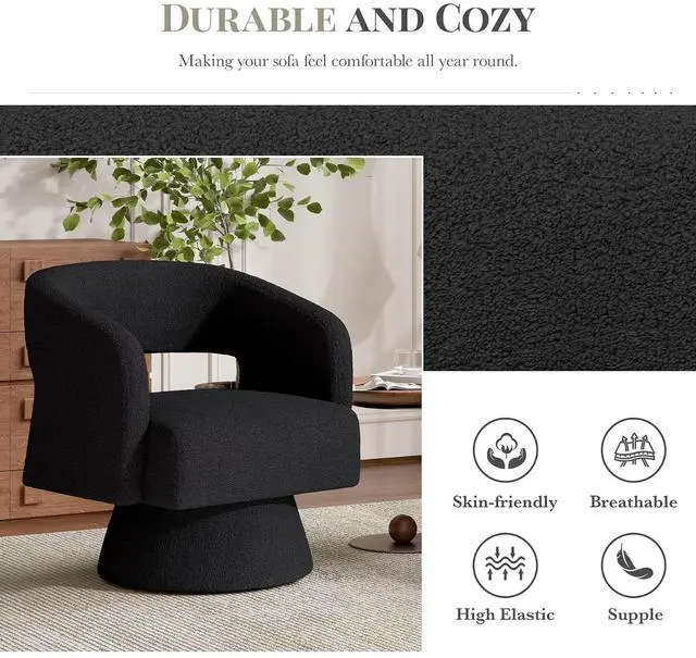 Alt view image 5 of 6 - Swivel Barrel Accent Chair,Oversized Teddy Upholstered Round Swivel Chair,Modern Luxury 360 Degree Living Room Vanity Chair for Bedroom Office,Black,2PCS