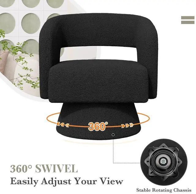 Alt view image 3 of 6 - Swivel Barrel Accent Chair,Oversized Teddy Upholstered Round Swivel Chair,Modern Luxury 360 Degree Living Room Vanity Chair for Bedroom Office,Black,2PCS