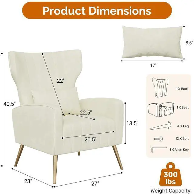 Alt view image 2 of 7 - Beige Velvet Accent Chair Set of 4, Wingback Chair for Living Room, High Back Arm Chair with Golden Legs Lumbar Pillow, Upholstered Single Sofa Bedroom