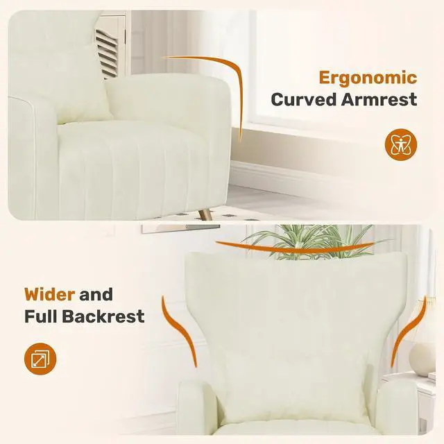Alt view image 3 of 7 - Beige Velvet Accent Chair Set of 4, Wingback Chair for Living Room, High Back Arm Chair with Golden Legs Lumbar Pillow, Upholstered Single Sofa Bedroom