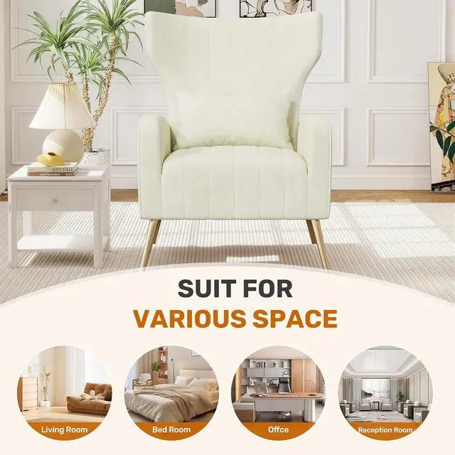 Alt view image 4 of 7 - Beige Velvet Accent Chair Set of 4, Wingback Chair for Living Room, High Back Arm Chair with Golden Legs Lumbar Pillow, Upholstered Single Sofa Bedroom
