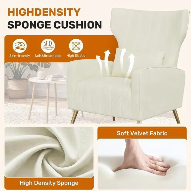 Alt view image 5 of 7 - Beige Velvet Accent Chair Set of 4, Wingback Chair for Living Room, High Back Arm Chair with Golden Legs Lumbar Pillow, Upholstered Single Sofa Bedroom