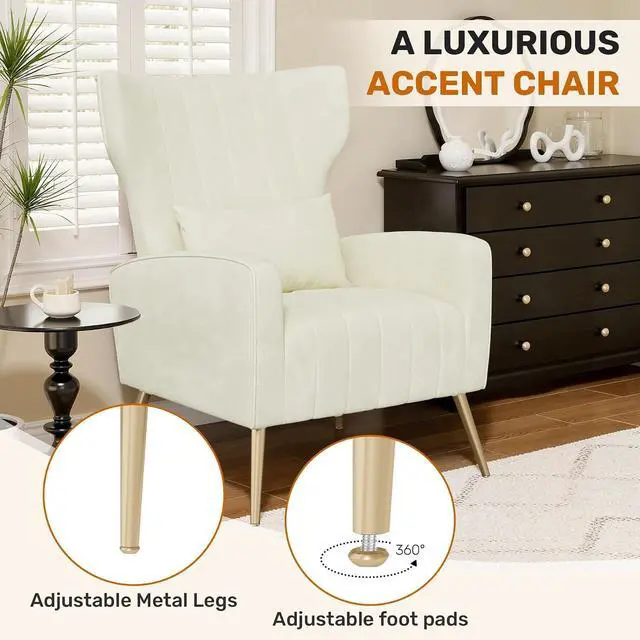 Alt view image 6 of 7 - Beige Velvet Accent Chair Set of 4, Wingback Chair for Living Room, High Back Arm Chair with Golden Legs Lumbar Pillow, Upholstered Single Sofa Bedroom