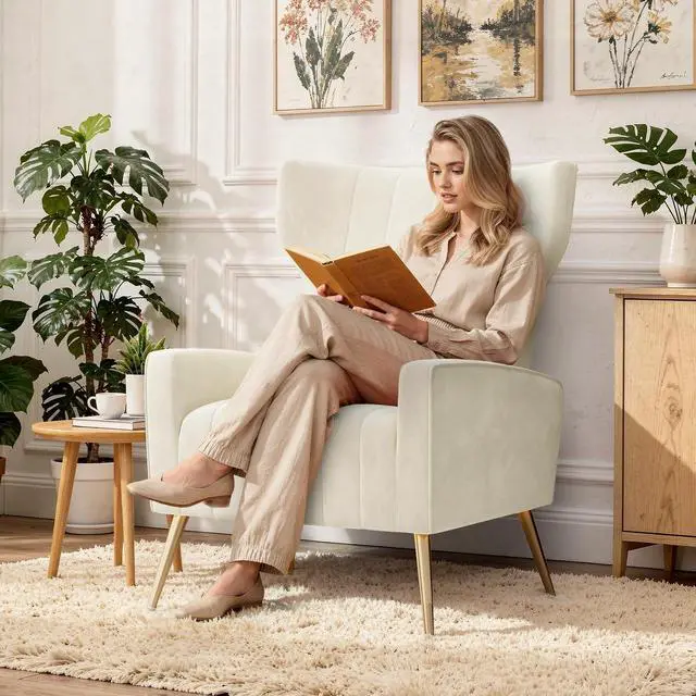 Alt view image 7 of 7 - Beige Velvet Accent Chair Set of 4, Wingback Chair for Living Room, High Back Arm Chair with Golden Legs Lumbar Pillow, Upholstered Single Sofa Bedroom