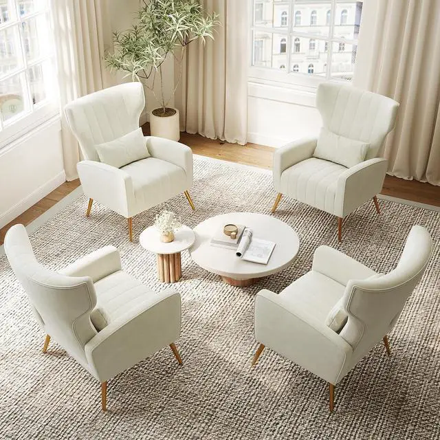 Main image of Beige Velvet Accent Chair Set of 4, Wingback Chair for Living Room, High Back Arm Chair with Golden Legs Lumbar Pillow, Upholstered Single Sofa Bedroom
