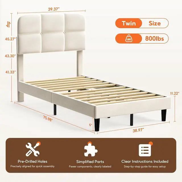 Alt view image 2 of 7 - Patbrela Upholstered Bed Frame Twin Size with Adjustable Headboard, Velvet Platform Bed Frame with Wooden Slats Support/No Box Spring Needed, Beige