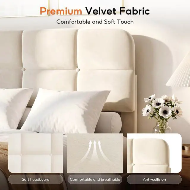 Alt view image 4 of 7 - Patbrela Upholstered Bed Frame Twin Size with Adjustable Headboard, Velvet Platform Bed Frame with Wooden Slats Support/No Box Spring Needed, Beige