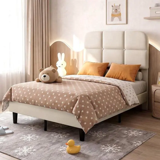 Alt view image 3 of 7 - Patbrela Upholstered Bed Frame Twin Size with Adjustable Headboard, Velvet Platform Bed Frame with Wooden Slats Support/No Box Spring Needed, Beige