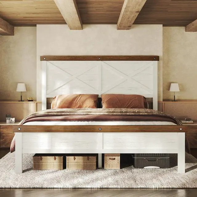 Main image of Farmhouse Bed Frame Queen Size with 51" Tall Headboard and Footboard, Platform Bed Frame, No Box Spring Needed, White