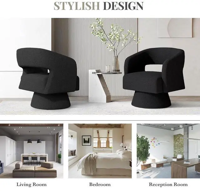 Alt view image 6 of 6 - Swivel Barrel Accent Chair,Oversized Teddy Upholstered Round Swivel Chair,Modern Luxury 360 Degree Living Room Vanity Chair for Bedroom Office,Black,2PCS