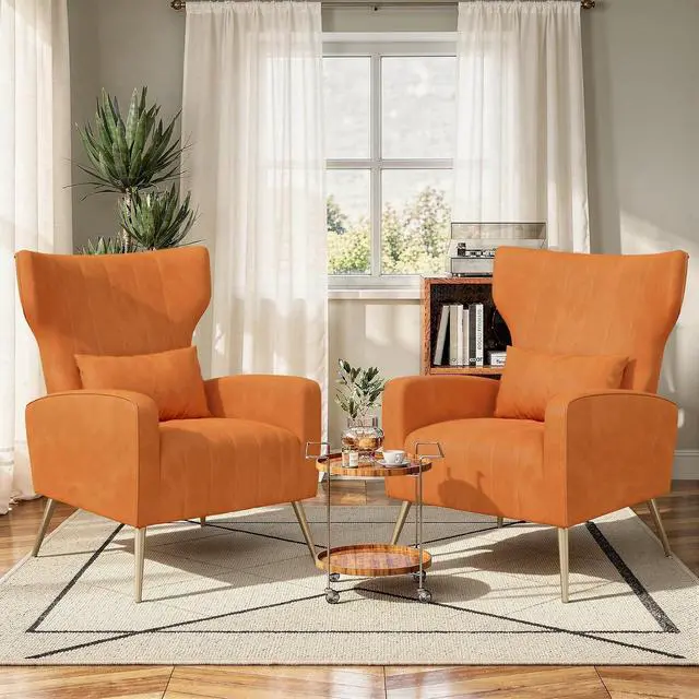 Main image of Orange Velvet Accent Chair Set of 2, Wingback Chair for Living Room, High Back Arm Chair with Golden Legs Lumbar Pillow, Upholstered Single Sofa Bedroom
