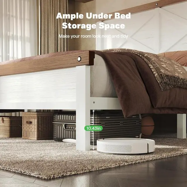 Alt view image 5 of 7 - Farmhouse Bed Frame Queen Size with 51" Tall Headboard and Footboard, Platform Bed Frame, No Box Spring Needed, White