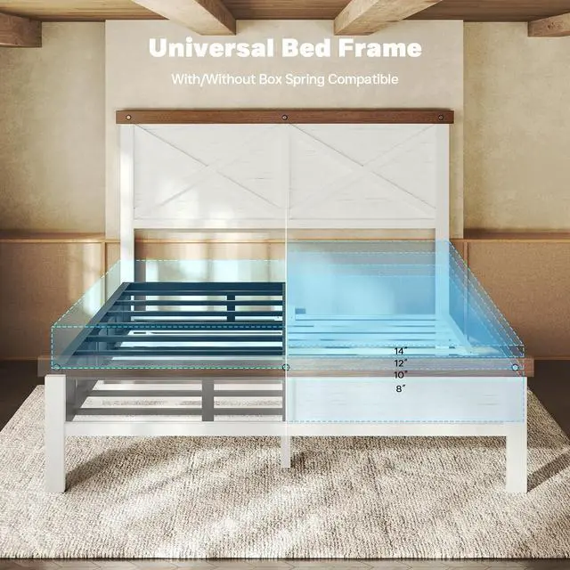 Alt view image 6 of 7 - Farmhouse Bed Frame Queen Size with 51" Tall Headboard and Footboard, Platform Bed Frame, No Box Spring Needed, White