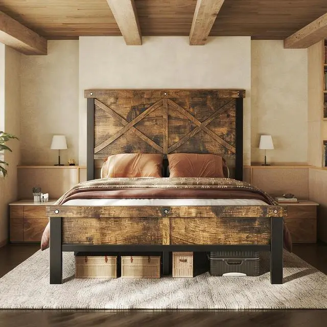 Main image of Farmhouse Bed Frame Full Size with 51" Tall Headboard and Footboard, Platform Bed Frame, No Box Spring Needed, Borwn