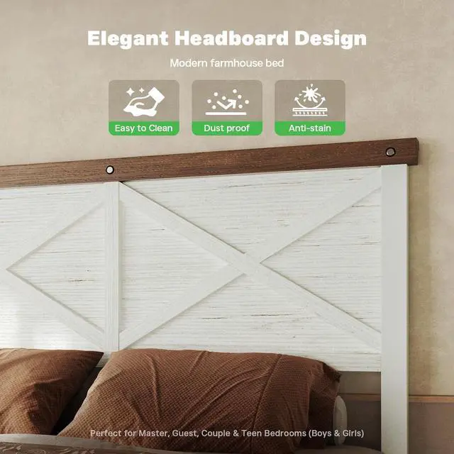 Alt view image 3 of 7 - Farmhouse Bed Frame Queen Size with 51" Tall Headboard and Footboard, Platform Bed Frame, No Box Spring Needed, White