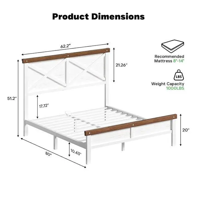 Alt view image 2 of 7 - Farmhouse Bed Frame Queen Size with 51" Tall Headboard and Footboard, Platform Bed Frame, No Box Spring Needed, White