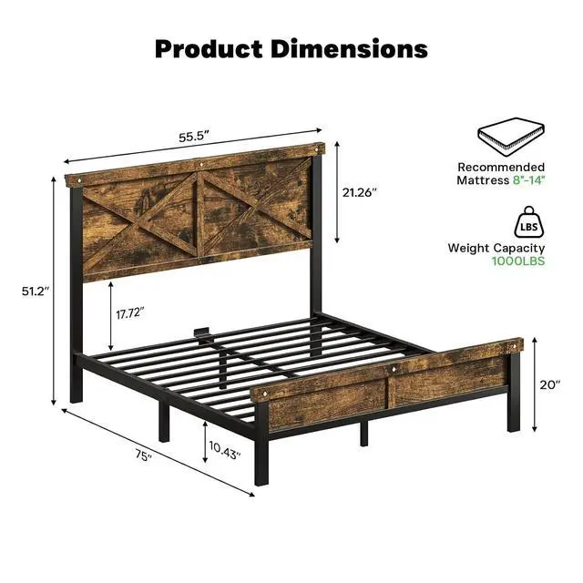 Alt view image 2 of 7 - Farmhouse Bed Frame Full Size with 51" Tall Headboard and Footboard, Platform Bed Frame, No Box Spring Needed, Borwn