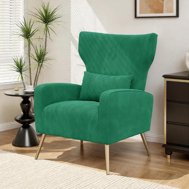 Main image of Velvet Accent Chair Wingback for Living Room, High Back Arm Chair with Golden Legs Lumbar Pillow, Upholstered Single Sofa Bedroom Green