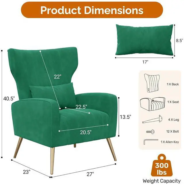 Alt view image 2 of 7 - Green Velvet Accent Chair Set of 4, Wingback Chair for Living Room, High Back Arm Chair with Golden Legs Lumbar Pillow, Upholstered Single Sofa Bedroom