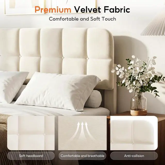 Alt view image 4 of 7 - Patbrela Upholstered Bed Frame Full Size with Adjustable Headboard, Velvet Platform Bed Frame with Wooden Slats Support/No Box Spring Needed, Beige