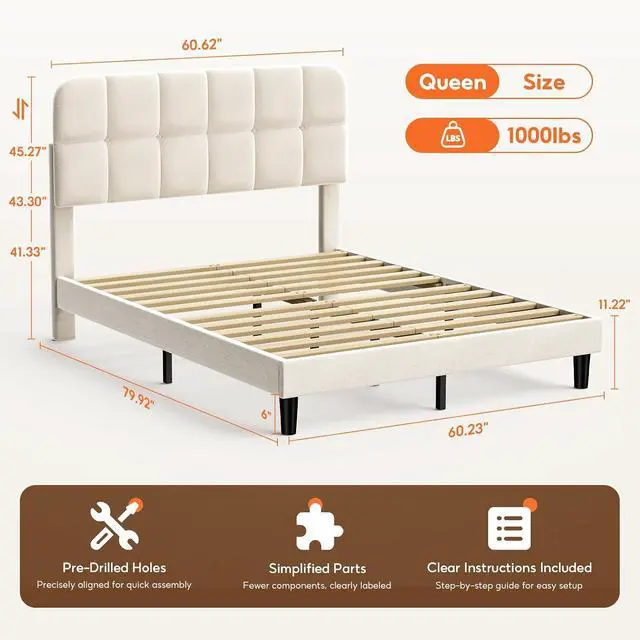 Alt view image 2 of 7 - Patbrela Upholstered Bed Frame Queen Size with Adjustable Headboard, Velvet Platform Bed Frame with Wooden Slats Support/No Box Spring Needed, Beige
