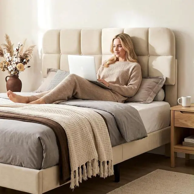 Alt view image 7 of 7 - Patbrela Upholstered Bed Frame Full Size with Adjustable Headboard, Velvet Platform Bed Frame with Wooden Slats Support/No Box Spring Needed, Beige
