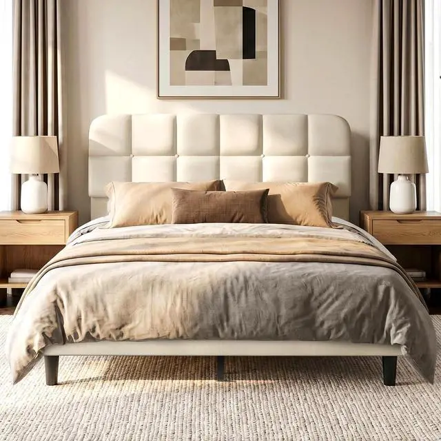 Main image of Patbrela Upholstered Bed Frame Queen Size with Adjustable Headboard, Velvet Platform Bed Frame with Wooden Slats Support/No Box Spring Needed, Beige