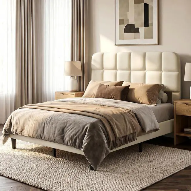 Alt view image 3 of 7 - Patbrela Upholstered Bed Frame Queen Size with Adjustable Headboard, Velvet Platform Bed Frame with Wooden Slats Support/No Box Spring Needed, Beige