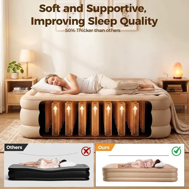 Alt view image 5 of 6 - 16'' Queen Air Mattress, Inflatable Bed with Built-in Pump & 4800mAh Rechargeable Battery, Quick Inflation and Deflation, Puncture-Resistant Airbed for Camping, Travel & Overnight Guests
