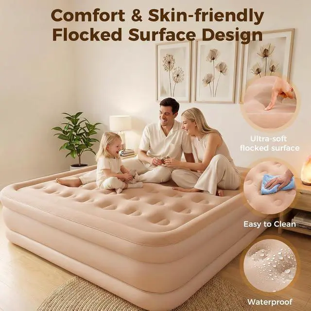 Alt view image 3 of 6 - 16'' King Air Mattress, Inflatable Bed with Built-in Pump & 4800mAh Rechargeable Battery, Puncture-Resistant Design, Quick Inflation/Deflation, Portable for Camping & Guests