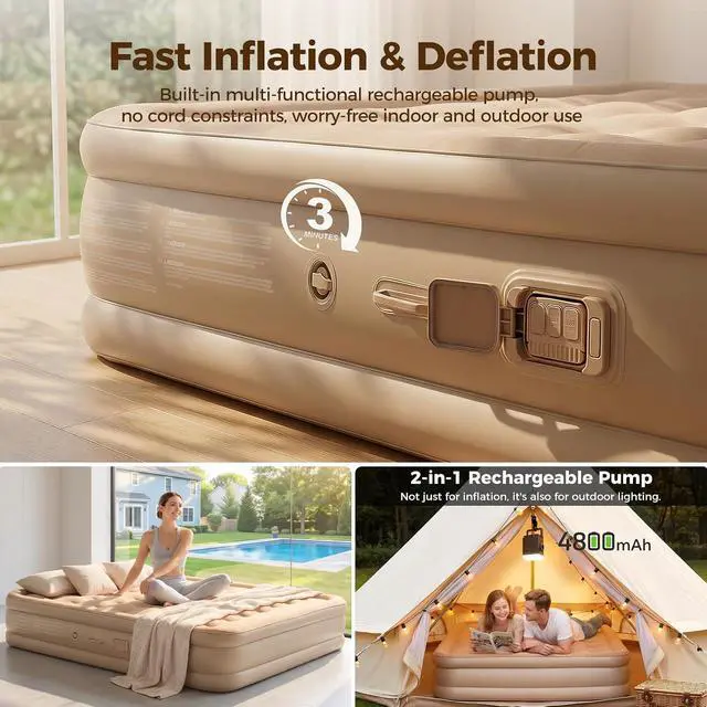 Alt view image 2 of 6 - 16'' Twin Air Mattress with Built-in Pump & 4800mAh Rechargeable Battery, Portable Inflatable Bed, Quick Inflate & Deflate, Puncture-Resistant Airbed for Camping, Travel & Overnight Guests